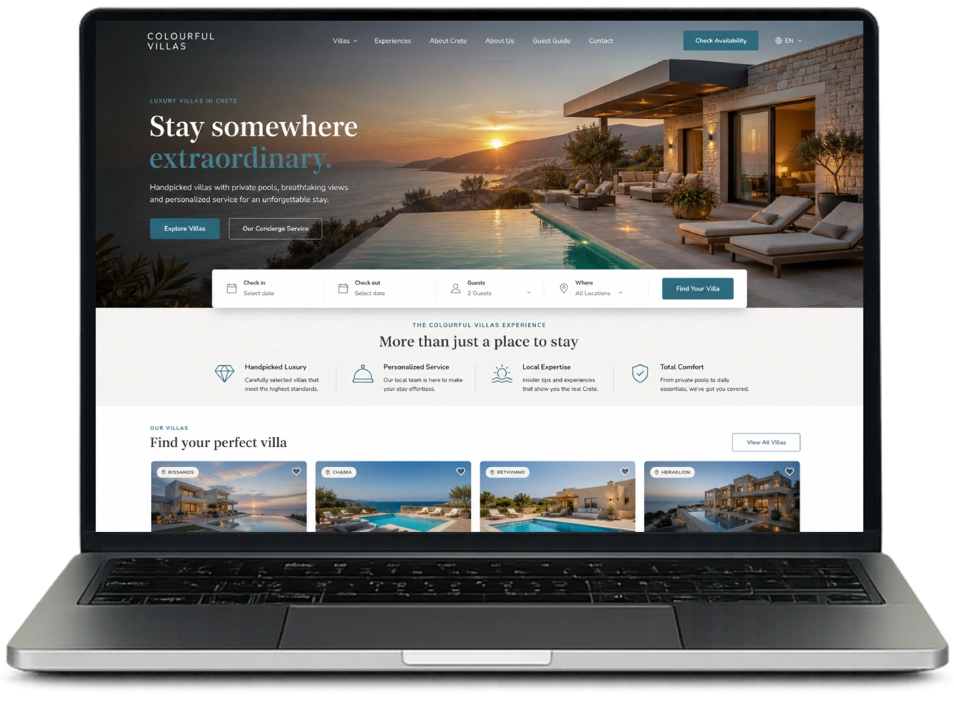 Laptop displaying the Colourful Villas website homepage with the tagline "Stay somewhere extraordinary" for a luxury villa rental business