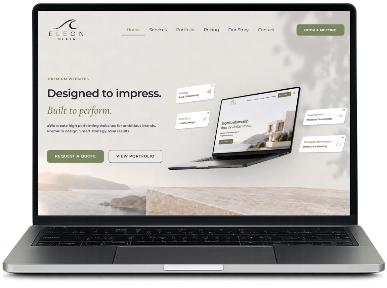 Laptop displaying the Eleon Media website homepage with the tagline "Designed to impress. Built to perform." for a premium web design studio
