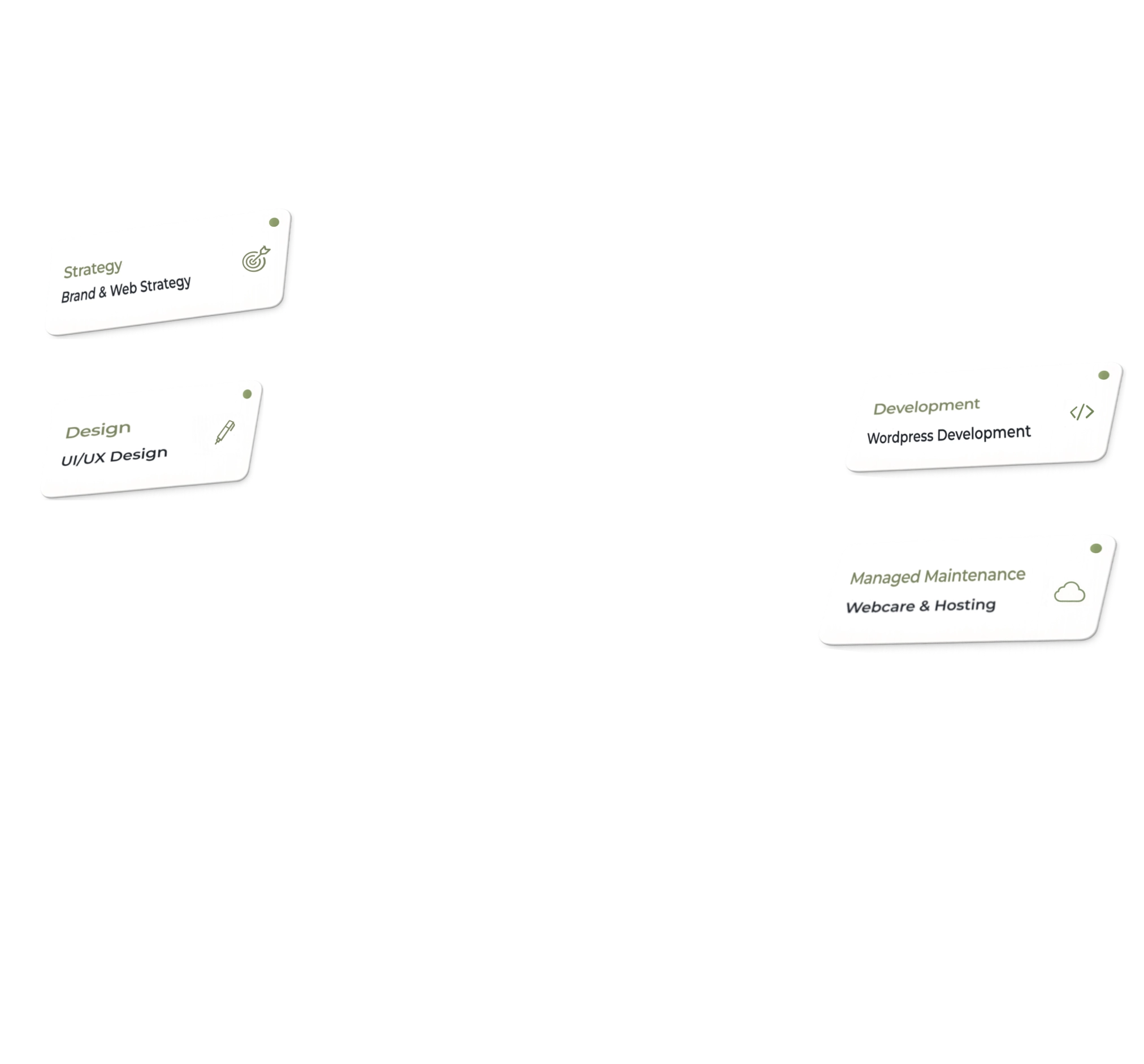 Floating cards showing studio services: brand and web strategy, UI/UX design, website development, and webcare and hosting