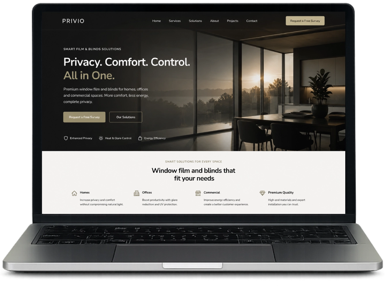 Laptop displaying the Privio website homepage, featuring the tagline "Privacy. Comfort. Control. All in One." for a smart film and blinds company