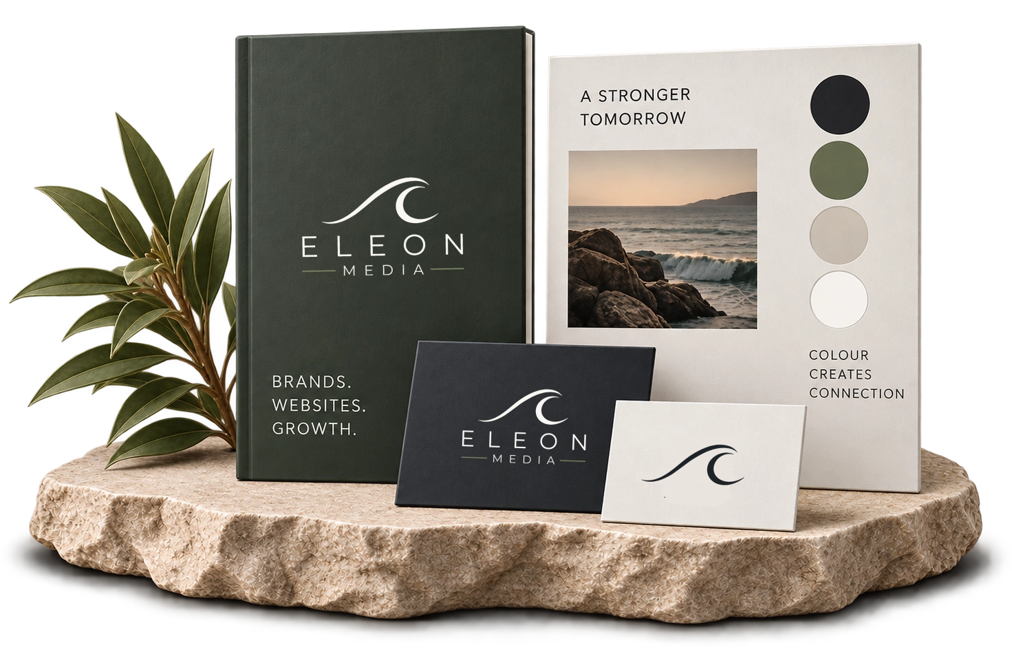Eleon Media brand identity materials showing logo, colour palette and visual direction