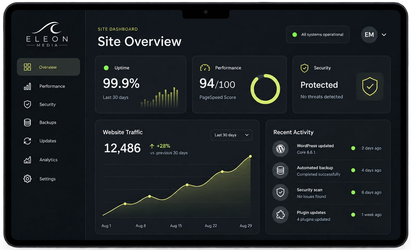 Website performance and maintenance dashboard